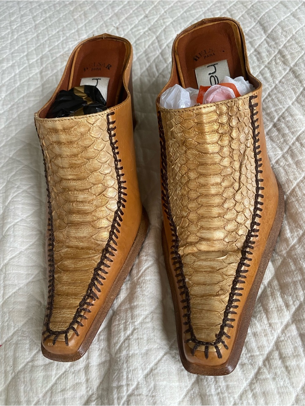 Vintage Western Tan Leather Block Heel Mules Cowgirl Desert Rodeo Exotic Size 35 - Picture 14 of 15